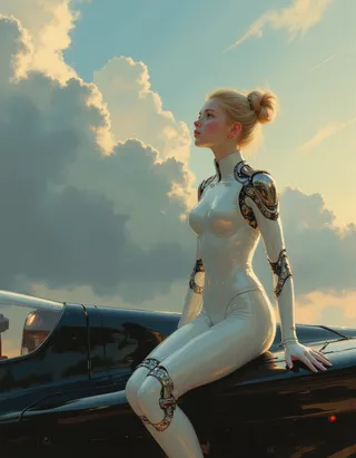 A teen android girl with blond hair in a sleek, futuristic metallic suit sits on a black spaceship against a backdrop of dramatic storm clouds and golden sunlight.