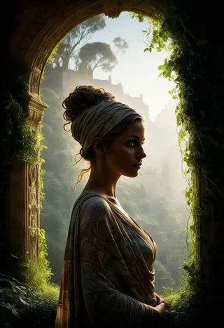 Silhouette of an antique woman in a toga standing at an archway with lush greenery, overlooking the Hanging Gardens of Babylon in a surreal and photorealistic style.