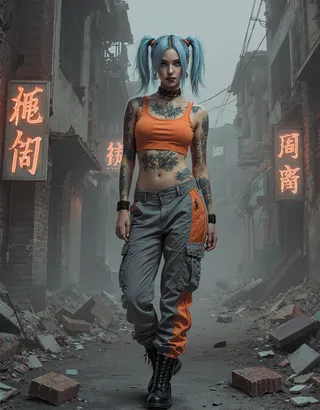 A woman with pale blue hair in two pigtails stands in a gloomy alleyway filled with rubble and dilapidated buildings with orange neon signs, wearing an orange crop top, grey and orange cargo pants, and black combat boots, with multiple tattoos on her arms and chest.
