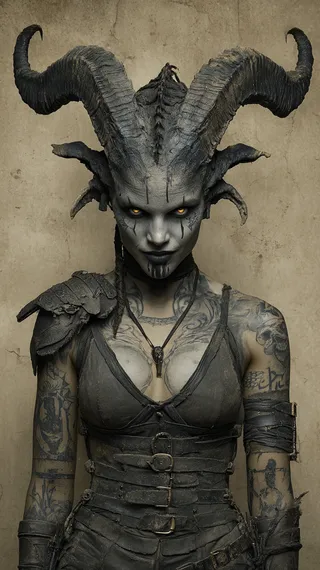 Dark fantasy female succubus with large twisted demon horns, yellow glowing eyes, tattooed arms and chest, wearing weathered leather armor and straps.