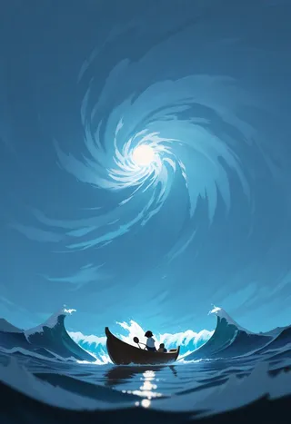 A girl rowing a small wooden boat in a stormy sea with large waves and a swirling bright sky overhead, anime style.