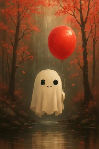 A whimsical ghost with a cute face and big black eyes floats above a reflective pond, holding a bright red balloon, surrounded by a mystical forest with red-leaved trees.
