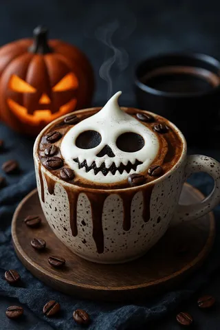 Halloween-themed latte in a speckled ceramic cup topped with skull-shaped white whipped cream and chocolate syrup drizzle, surrounded by coffee beans, with a carved pumpkin and a black coffee cup in the background.