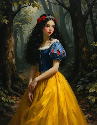 Oil painting of Snow White in a classic yellow, blue, and red Victorian dress standing in dark, dense woods, with long black hair, red roses and a silver circlet on her head.