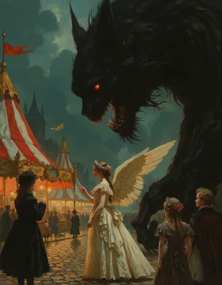 A Victorian angel with large golden feathered wings and an ornate ivory gown stands serenely before a towering dark monster with glowing red eyes at a Victorian fairground illuminated by flickering gas lamps.