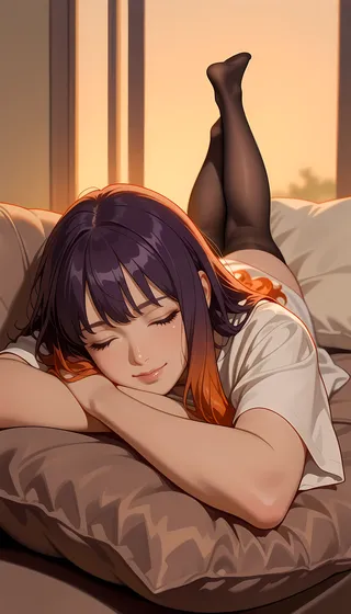 A girl with long dark purple hair with orange tips lies peacefully on a sofa, wearing an oversized white shirt and black thighhighs, bathed in warm evening light in a cozy living room.