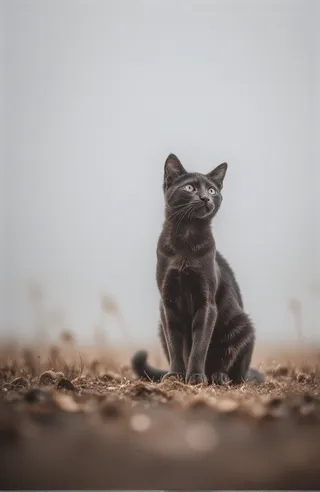 A black cat sitting on the ground outdoors, looking up with attentive eyes, surrounded by soft-focus soil and dry leaves