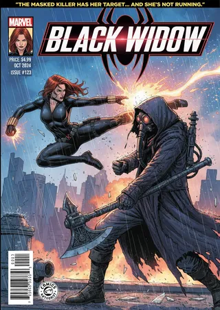 Comic book cover showing Black Widow in a black suit fighting a masked killer wielding an axe in a rainy urban setting with explosions and a blue sky.