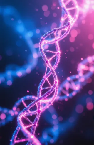 Close-up of a glowing DNA double helix textured with small pinkish glowing beads, set against an ethereal blue and pink bokeh background with soft lighting effects.