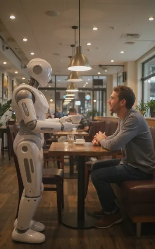 A sleek chrome robot serving a cup of coffee to a man sitting at a cafe booth, with warm overhead lighting in a casual cafe setting.