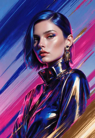 A high-fashion digital portrait of a confident modern woman with cobalt blue hair and metallic clothing, highlighted by vivid streaks of cobalt blue, magenta, and gold paint in the background.