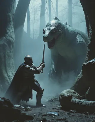 A medieval knight in dark armor brandishes a sword against a massive monstrous lizard amid a foggy, haunted forest with twisted trees and eerie light.