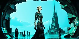 Full body mature opera diva in dark, metallic-accented layered gown walking under a large ruined glass bridge with a turquoise sky and a distant wizard's tower.