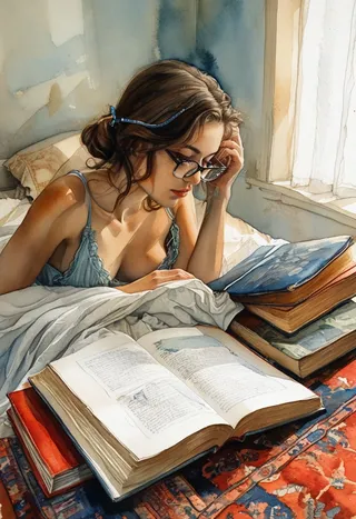 A detailed watercolor illustration of a young woman lying on her stomach on an unmade bed, wearing glasses and a nightgown, reading an open book surrounded by stacked books in a softly lit room.