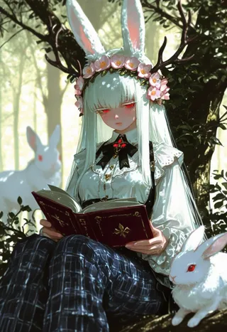 A wererabbit girl with white fur, rabbit ears, antlers adorned with a pink flower crown, dressed in a maid outfit, reading a book in a forest with sunlight filtering through trees and white rabbits nearby.