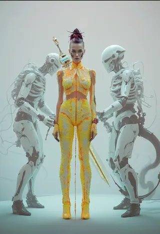 A female futuristic warrior wearing a yellow textured bodysuit, standing between two white robotic humanoid figures in a minimalistic setting.