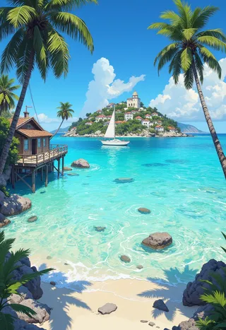 View from a tropical beach with clear turquoise water, palm trees, a wooden beach house on stilts, and a white sailing boat near a lush island with red-roofed houses under a clear blue sky