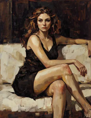 A realistic painting of a woman with long wavy brown hair and a serious expression, sitting with legs crossed on a white couch wearing a black dress, painted in KDL style.