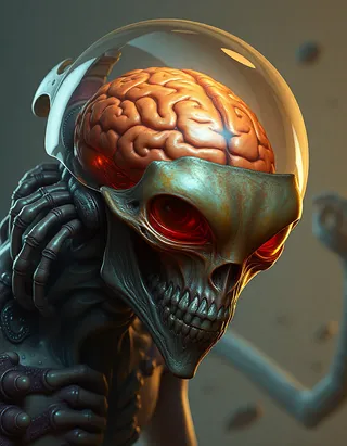 Highly detailed digital painting of an alien with a transparent skull revealing an enormous brain, glowing red eyes, and mechanical neck, in fantasy art style.