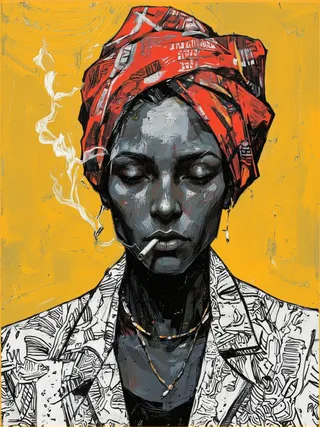 Black and white illustration of a woman with a red turban and patterned jacket, smoking a cigarette against a yellow background