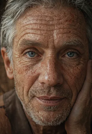 Close-up hyperrealistic portrait of an elderly man with deeply etched wrinkles, sparkling blue eyes, grey hair, and natural skin textures.