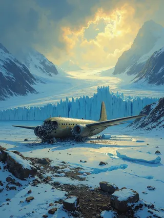 A crashed DC3 passenger plane resting on a frozen glacier surrounded by snow-covered rocky mountains under a serene, golden glowing sky.