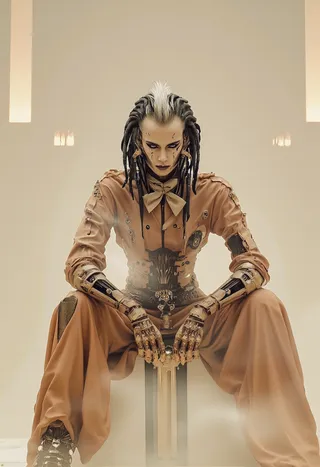 A cyberpunk warrior sits with a commanding pose, featuring robotic gold arms, dreadlocked hair, and a mechanical sword, dressed in a steampunk brown outfit with a bowtie.