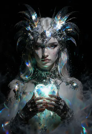 A serene woman with platinum hair wearing a gothic-cyberpunk headdress of iridescent feathers and neural circuitry, holding a glowing crystal heart, illuminated by bioluminescent light against a dark background.