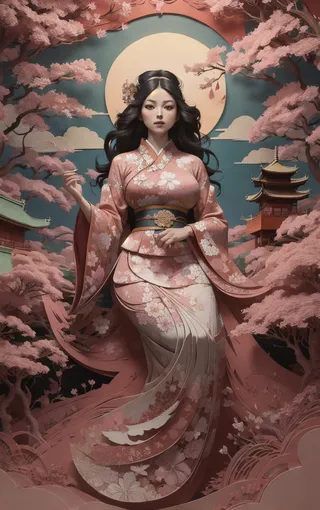 A woman in traditional Japanese clothes stands among cherry blossoms with East Asian architecture and a large moon in the background, styled in kirigami and art nouveau.