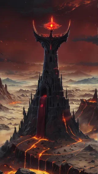 Dark towering fortress with a huge glowing red eye atop, surrounded by a volcanic mountain range and molten lava flows in a desolate deadlands setting