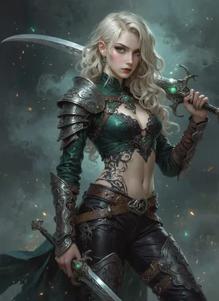 Portrait of a female warrior with flowing platinum blonde hair, wearing emerald green leather armor with silver plates, holding an ornate glowing blade against a misty, smoky background.