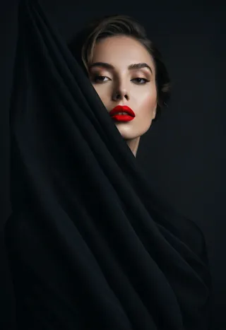 A minimalist portrait of an enigmatic woman partially concealed behind flowing black fabric with striking red lipstick, set against a dark background.