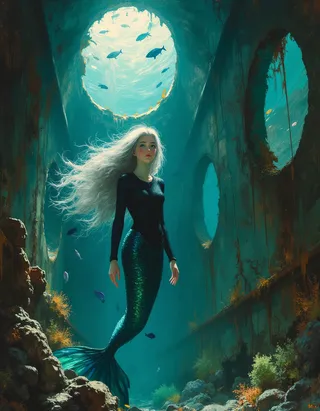 Digital painting of a mermaid with silver hair and teal scales swimming inside a sunken World War II battleship illuminated by shafts of underwater light.