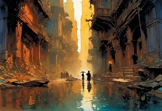 Watercolor style image showing two figures standing with an umbrella in a flooded street between detailed, ruinous buildings with warm high-contrast lighting.