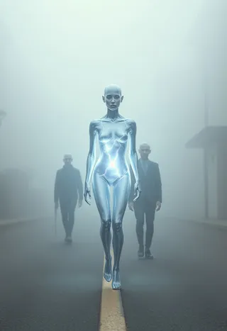 A glowing, liquid chrome being walking along a foggy coastal avenue with androgynous figures standing behind, muted pastel tones and minimalistic buildings in the background.
