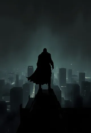 Heroic silhouette standing on rooftop at night overlooking a cityscape with chiaroscuro lighting, subtle electric blue edges, and urban noir mood.