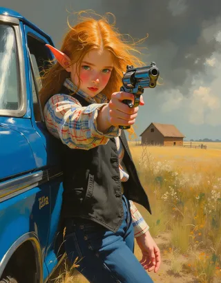 Oil painting of a youthful elf cowgirl with strawberry-blonde hair and pointed ears, leaning against a blue 1980s pickup truck, pointing a chrome Colt revolver, with storm clouds and a rural barn in the background.