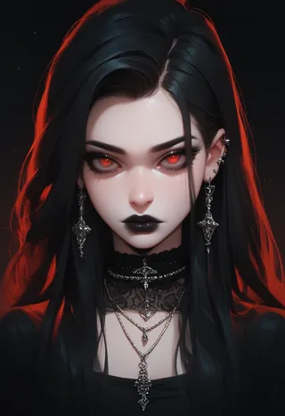Portrait of a goth girl with long black hair, glowing red eyes, black lipstick, and intricate silver jewelry against a black background.