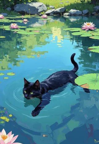 A black cat swimming in a small lake surrounded by green lily pads and pink water lilies under bright daylight.