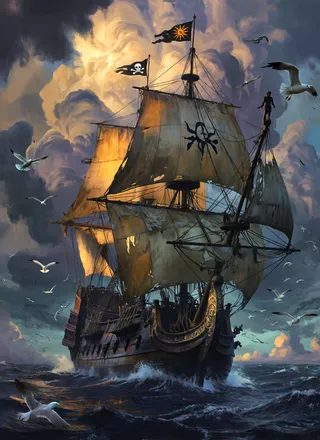 A dark, weathered multi-masted galleon with tattered sails and pirate flags, sailing through rough ocean waves under a turbulent stormy sky with seagulls flying around.