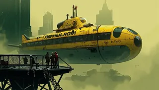 Yellow submarine with black text floating in a foggy environment against a background of tall modern skyscrapers, with people on a nearby floating platform surrounded by metal railings and chains.