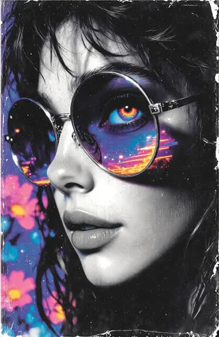 Close-up profile of a woman with long flowing hair wearing round reflective sunglasses showing vibrant multicolored reflections, set against a grayscale face and colorful floral background in Retro 80s Vaporwave style.