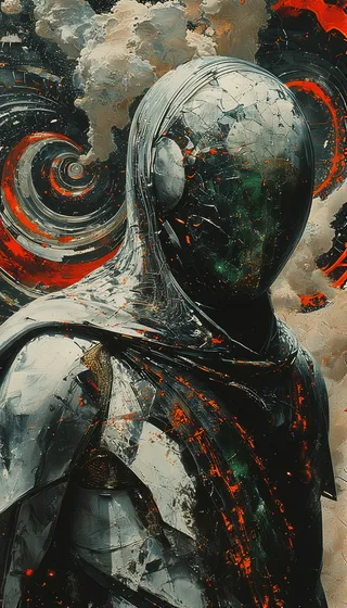 A hyper-dramatic close-up of a faceless cyborg, with a cracked translucent orb face dissolving into abstract Klimt-inspired green and black geometric swirls. The body is clad in sharp matte black and white ceremonial armor with glowing neon orange veins. The background shows fractured monochrome clouds and red fractals.