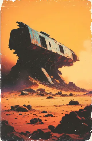 A massive rusted spacecraft stands partially buried in a rocky desert landscape under a hazy orange sky with subtle lens flares, depicted in a Retro 80s Vaporwave style.