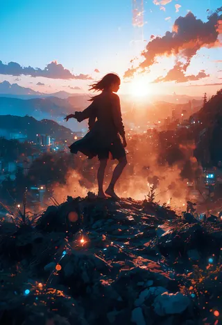 Silhouette of a lone traveler standing barefoot on a rocky hillside at sunset with a glowing cityscape and dramatic clouds in the background.