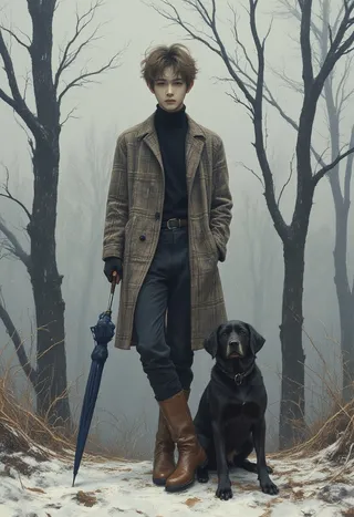 Photorealistic image of a young man with messy brown hair wearing a checked hunting coat and brown boots, holding an umbrella used as a cane, with a black hunting dog sitting beside him in a foggy forest with bare trees.