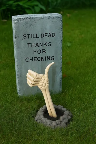 A Halloween decoration with a weathered gray tombstone inscribed with 'STILL DEAD THANKS FOR CHECKING' and a realistic skeleton hand giving a thumbs up emerging from a hole on green grass.