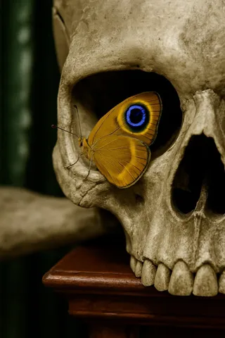 Close-up photograph of a weathered human skull with a vibrant yellow butterfly perched inside its eye socket, featuring intricate wing details and a blurred indoor background.