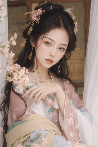 Elegant young woman in traditional Chinese Hanfu attire with flower blossom jewelry and long dark hair, posing surrounded by pink blossoms and soft white smoke.