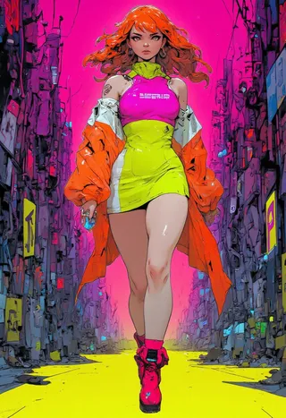 A tall red haired woman wearing a neon asymmetrical dress in bright pink, yellow, and orange walks powerfully through a dystopian urban wasteland with glowing neon signs and vivid colors.